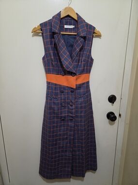 Bellenista Sleeveless Blue and Orange Windowpane Midi Dress W/Orange Waist Band